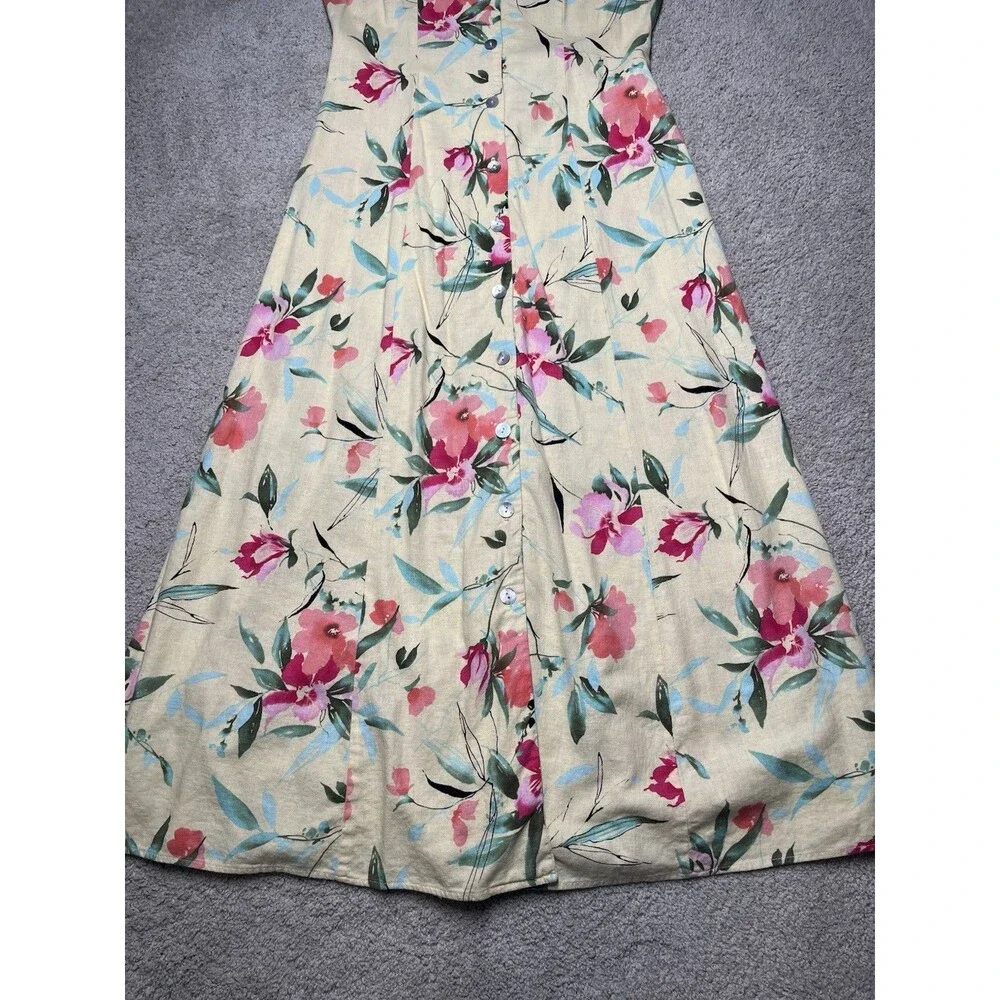 Coldwater Creek Floral Linen Maxi Dress Size 6 Yellow Modest Button Cottage Boho